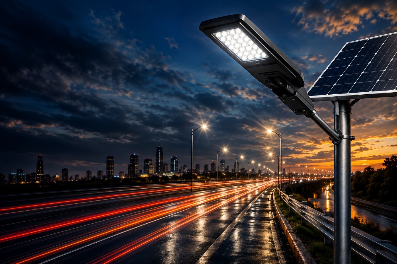 Luminaria solar LED iluminando una autopista durante la noche